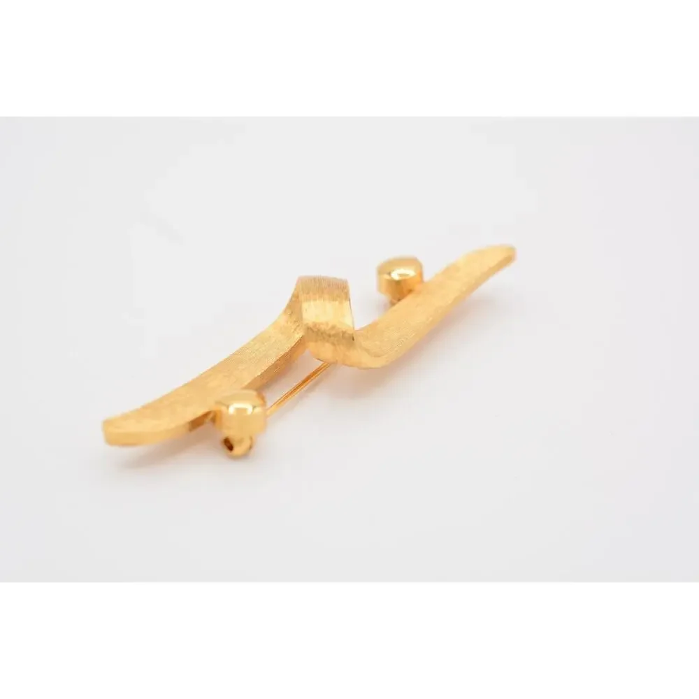 Monet Vintage Abstract Pin Brooch Brushed Gold Textured Bow Signed 1980s BinAT